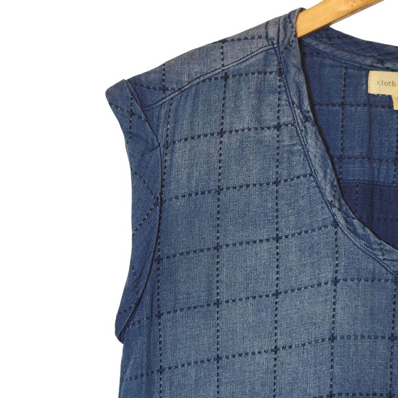 Cloth & Stone Quilted Chambray Blue Midi Dress Boho Chic Raw Hem Relaxed Fit XS - Picture 5 of 16